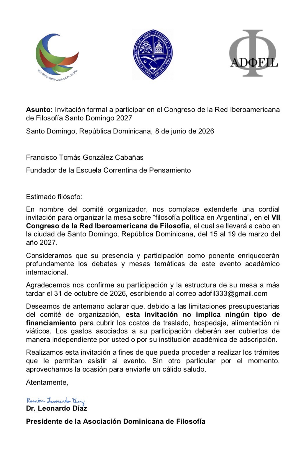 Invitan a fil&oacute;sofo correntino a Congreso de filosof&iacute;a en Rep&uacute;blica Dominicana. 