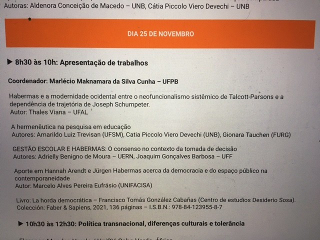 Presentación de “La horda democrática” en simposio filosófico organizado por las Universidades de Paraíba, Federal de Santa Catarina, de Valencia (España) y la Federal de Alagoas.